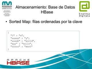 Almacenamiento: Base de Datos
HBase
• Qué es Hbase?
– En Hbase los datos se almacenan en tablas, las
cuales tienen filas y columnas… pero mejor verlo
como un mapa u objeto multidimensional
– Una tabla de Hbase contiene multiples filas.
– Una fila de datos tiene una clave ordenable y un
número arbitrario de columnas. La tabla se
almacena de forma dispersa, de modo que las
filas de una misma tabla pueden tener columnas
tan variadas como se quiera.
 
