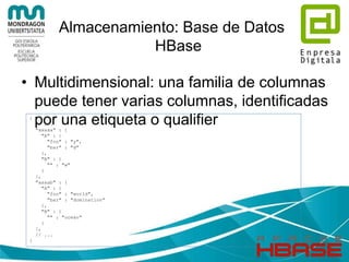 Almacenamiento: Base de Datos
HBase
• Sorted Map: filas ordenadas por la clave
{
"1" : "x",
"aaaaa" : "y",
"aaaab" : "world",
"xyz" : "hello",
"zzzzz" : "woot"
}
 
