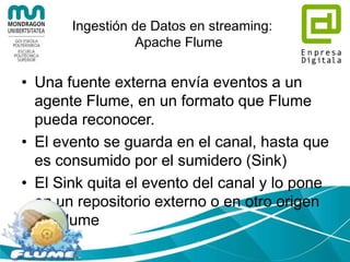 Ingestión de Datos por lotes:
Apache sqoop
tablas tablas
Ficheros
distribuidos
BBDD
Relacional
BBDD
RelacionalHDFS
Tratamiento
(MapReduce) (MapReduce)
(MapReduce)
 