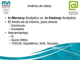 Consulta: Search (Solr)
• Indexación de contenidos escalable, fiable
y distribuido
• Capaz de Indexar:
– Texto
– JSON
– XML
– CSV
 