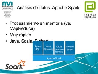 Análisis de datos: Apache Mahout
• Un entorno para generar aplicaciones
escalables de machine learning
– El entorno mismo
– Algoritmos de Scala + Spark, H2O y Flink
– Algoritmos Mahout para Hadoop MapReduce
• Algoritmos:
– Recomendador
– K-Means, Fuzzy K-Means clustering
– Clasificadores Naïve Bayes, Random Forest
– …
 