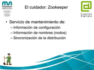 Orquestador: ozzie
• Programa flujos de trabajo para gestionar
trabajos Hadoop
• Orquesta trabajos MapReduce, generados
en Java, Pig, Hive, Sqoop,…
 