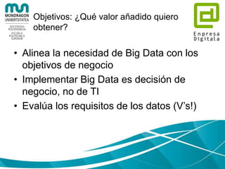 Ecosistema Hadoop (simplificado)
Apache
Pig:
Scripting
Almacenamient
o redundante y
fiable
YARN
Gestiona
recursos del
Cluster
Procesamiento
Distribuido de
datos
Zookee
per:
Coordin
a la
distribuc
ión
Data
Warehous
e
Machine
Learning
Colector
de datos
Conector
BBDDR-
HDFS
S.
O.
S.
O.
S.
O.
S.
O.
S.
O.
S.
O.
S.
O.
S.
O.
S.
O.
 