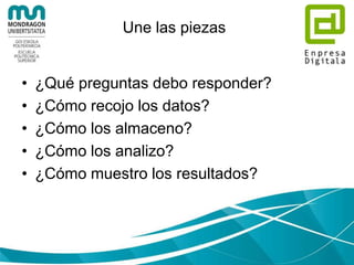 Fórmate
• Diferentes perfiles:
– Sistemas:
• Administración del cluster, servidores y nodos
– Desarrollo
• NoSQL
• Procesamientos (Map/Reduce, Storm, Spark, Pig,…)
• Visual Analytics (d3.js, CartoDB, Gephi, Tableu,…)
– Machine Learning / Data Mining
• Conocimiento de Algoritmos y procesos
• Herramientas/Lenguajes (R, SAS, …)
 