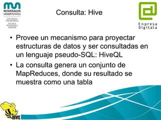 Consulta: Hive
• Provee un mecanismo para proyectar
estructuras de datos y ser consultadas en
un lenguaje pseudo-SQL: Hive...