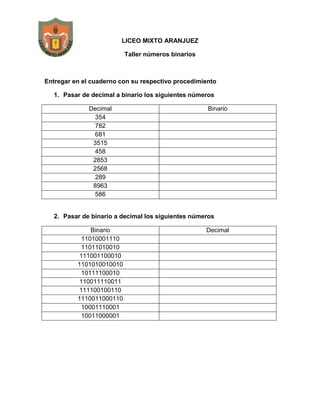 LICEO MIXTO ARANJUEZ
Taller números binarios
Entregar en el cuaderno con su respectivo procedimiento
1. Pasar de decimal a binario los siguientes números
Decimal
354
782
681
3515
458
2853
2568
289
8963
586
Binario
2. Pasar de binario a decimal los siguientes números
Binario
11010001110
11011010010
111001100010
1101010010010
10111100010
110011110011
111100100110
1110011000110
10001110001
10011000001
Decimal