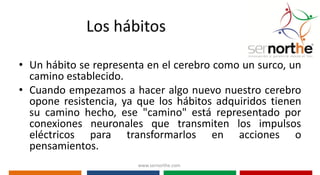 Los hábitos

• Un hábito se representa en el cerebro como un surco, un
  camino establecido.
• Cuando empezamos a hacer algo nuevo nuestro cerebro
  opone resistencia, ya que los hábitos adquiridos tienen
  su camino hecho, ese "camino" está representado por
  conexiones neuronales que transmiten los impulsos
  eléctricos para transformarlos en acciones o
  pensamientos.
                        www.sernorthe.com
 