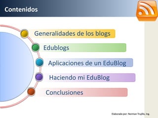 Contenidos


        Generalidades de los blogs

             Edublogs

              Aplicaciones de un EduBlog

        ...