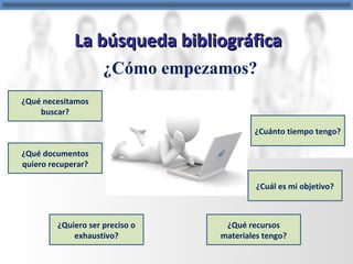 La búsqueda bibliográficaLa búsqueda bibliográfica
¿Qué necesitamos
buscar?
¿Cuánto tiempo tengo?
¿Qué documentos
quiero recuperar?
¿Quiero ser preciso o
exhaustivo?
¿Qué recursos
materiales tengo?
¿Cuál es mi objetivo?
¿Cómo empezamos?
 
