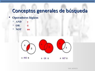 Conceptos generales de búsquedaConceptos generales de búsqueda
 Operadores lógicos
 AND y
 OR ó
 NOT no
EGR 20/03/15
 