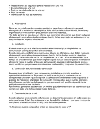 • Procedimientos de seguridad para la instalación de una red.
• Documentación de una red.
• Equipos para la instalación de una red.
• Flujo de trabajo.
• Planificación del flujo de materiales.
c. Negociación
Debe ser negociado con los usuarios, arquitectos, gerentes o cualquier otro personal
encargado de la instalación y los espacios. Para verificar la factibilidad técnica, financiera y
organizacional de los cambios propuestos en el diseño elaborado.
•Se debe generar en esta tarea un informe que plasme las alteraciones que deban realizarse
al documento generado en la planeación en función de las negociaciones realizadas con los
responsables del proyecto o instalación.
d. Instalación
En esta tarea se procede a la instalación física del cableado y los componentes de
comunicación y cómputo que han sido diseñados.
Se debe generar en esta tarea un informe que plasme las alteraciones que deban realizarse
al documento generado en la negociación en función de los detalles técnicos y logísticos
ocurridos durante la instalación de los componentes de la red. La instalación también debe
reflejar los procedimientos que deben emplearse para realizar cualquier posible modificación
al sistema ya sea a nivel de enlaces de comunicación, equipos de cómputo (tanto clientes
como servidores), programas de administración, colaboración y programas de productividad.
e. Verificación de funcionalidad y certificación
Luego de tener el cableado y sus componentes instalados se procede a verificar la
operatividad de los mismos. El proceso de verificación implica la prueba de que los
componentes funcionan y pueden operar, la verificación normalmente ocurre en paralelo al
proceso de instalación. El proceso de verificación implica probar que el nivel de operación
bajo diferentes condiciones de los equipos que operan entre si, se ciñe a los estándares
prefijados durante la fase de diseño.
•El informe a generar en esta tarea es un informe que plasme los niveles de operatividad que
cumplen en cada uno de los enlaces físicos de la red.
f. Documentación de la red
Se debe plasmar un documento en función de los documentos generados en cada una de las
anteriores tareas. Esta información pasa a ser llamado libro de la red que es un documento
que plasma el estado actual de la red y cada de los componentes.
15.Realice un cuadro comparativo entres las categorías del cable UTP
 