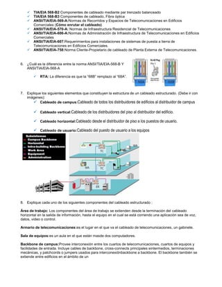    TIA/EIA 568-B2 Componentes de cableado mediante par trenzado balanceado
       TIA/EIA 568-B3 Componentes de cableado, Fibra óptica
       ANSI/TIA/EIA-569-A:Normas de Recorridos y Espacios de Telecomunicaciones en Edificios
        Comerciales (Cómo enrutar el cableado)
       ANSI/TIA/EIA-570-A: Normas de Infraestructura Residencial de Telecomunicaciones
       ANSI/TIA/EIA-606-A:Normas de Administración de Infraestructura de Telecomunicaciones en Edificios
        Comerciales
       ANSI/TIA/EIA-607:Requerimientos para instalaciones de sistemas de puesta a tierra de
        Telecomunicaciones en Edificios Comerciales.
       ANSI/TIA/EIA-758:Norma Cliente-Propietario de cableado de Planta Externa de Telecomunicaciones.


6. ¿Cuál es la diferencia entre la norma ANSI/TIA/EIA-568-B Y
   ANSI/TIA/EIA-568-A

           RTA: La diferencia es que la “68B” remplazo al “68A”.



7. Explique los siguientes elementos que constituyen la estructura de un cableado estructurado. (Debe ir con
   imágenes):
       Cableado de campus:Cableado de todos los distribuidores de edificios al distribuidor de campus

         Cableado vertical:Cableado de los distribuidores del piso al distribuidor del edificio.

         Cableado horizontal:Cableado desde el distribuidor de piso a los puestos de usuario.

         Cableado de usuario:Cableado del puesto de usuario a los equipos




8. Explique cada uno de los siguientes componentes del cableado estructurado :

Área de trabajo: Los componentes del área de trabajo se extienden desde la terminación del cableado
horizontal en la salida de información, hasta el equipo en el cual se está corriendo una aplicación sea de voz,
datos, video o control.

Armario de telecomunicaciones:es el lugar en el que va el cableado de telecomunicaciones, un gabinete.

Sala de equipos:es un aula en el que están masde dos computadores.

Backbone de campus:Provee interconexión entre los cuartos de telecomunicaciones, cuartos de equipos y
facilidades de entrada. Incluye cables de backbone, cross-connects principales eintermedios, terminaciones
mecánicas, y patchcords o jumpers usados para interconexiónbackbone a backbone. El backbone también se
extiende entre edificios en el ámbito de un
 