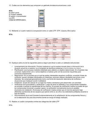 12. Cuáles son los elementos que componen un gabinete de telecomunicaciones o rack


RTA:
El patch panel
El modem satelital
El switch o concentrador
La UPS
Unidad de CDROM externo




13. Mediante un cuadro realice la comparación entre un cable UTP, STP, coaxial y fibra óptica

RTA:




14. Explique cada uno de los siguientes pasos a seguir para llevar a cabo un cableado estructurado:

    Levantamiento de información: Proceso mediante el cual el analista recopila datos e información de la
     situación actual de un sistema, con el propósito de identificar problemas y oportunidades de mejora.
    Planificación: es el proceso metódico diseñado para obtener un objetivo determinado. En el sentido más
     universal, implica tener uno o varios objetivos a realizar junto con las acciones requeridas para
     concluirse exitosamente.
    Negociación: Es un proceso por el cual las partes interesadas resuelven conflictos, acuerdan líneas de
     conducta, buscan ventajas individuales y/o colectivas, procuran obtener resultados que sirvan a sus
     intereses. Se contempla generalmente como una forma de resolución alternativa de conflictos o
     situaciones que impliquen acción multilateral.
    Instalación: acción de colocar en un lugar los medios necesarios para desarrollar una actividad.
    Verificación de funcionalidad y certificación: Luego de tener el cableado y sus componentes instalados
     se procede a verificar la operatividad de los mismos. El proceso de verificación implica la prueba de que
     los componentes funcionan y pueden operar, la verificación normalmente ocurre en paralelo
     al proceso de instalación. El proceso de verificación implica probar que el nivel de operación bajo
     diferentes condiciones de los equipos que operan entre si, se ciñe a los estándares prefijados durante la
     fase de diseño.
    Documentación de la red:Consiste fundamentalmente en la señalización de los componentes físicos y
     en la elaboración de unos documentos donde se recoja el trabajo realizado.

15. Realice un cuadro comparativo entres las categorías del cable UTP

RTA:
 