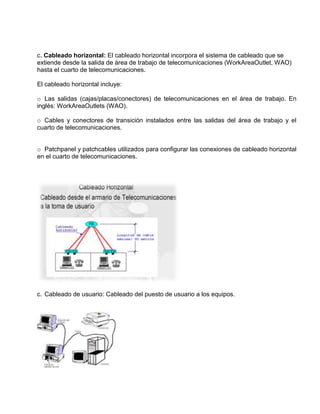 c. Cableado horizontal: El cableado horizontal incorpora el sistema de cableado que se
extiende desde la salida de área de trabajo de telecomunicaciones (WorkAreaOutlet, WAO)
hasta el cuarto de telecomunicaciones.

El cableado horizontal incluye:

o Las salidas (cajas/placas/conectores) de telecomunicaciones en el área de trabajo. En
inglés: WorkAreaOutlets (WAO).

o Cables y conectores de transición instalados entre las salidas del área de trabajo y el
cuarto de telecomunicaciones.


o Patchpanel y patchcables utilizados para configurar las conexiones de cableado horizontal
en el cuarto de telecomunicaciones.




c. Cableado de usuario: Cableado del puesto de usuario a los equipos.
 