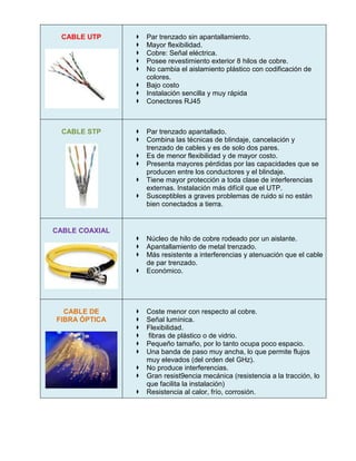 CABLE UTP         Par trenzado sin apantallamiento.
                   Mayor flexibilidad.
                   Cobre: Señal eléctrica.
                   Posee revestimiento exterior 8 hilos de cobre.
                   No cambia el aislamiento plástico con codificación de
                    colores.
                   Bajo costo
                   Instalación sencilla y muy rápida
                   Conectores RJ45



  CABLE STP        Par trenzado apantallado.
                   Combina las técnicas de blindaje, cancelación y
                    trenzado de cables y es de solo dos pares.
                   Es de menor flexibilidad y de mayor costo.
                   Presenta mayores pérdidas por las capacidades que se
                    producen entre los conductores y el blindaje.
                   Tiene mayor protección a toda clase de interferencias
                    externas. Instalación más difícil que el UTP.
                   Susceptibles a graves problemas de ruido si no están
                    bien conectados a tierra.


CABLE COAXIAL
                   Núcleo de hilo de cobre rodeado por un aislante.
                   Apantallamiento de metal trenzado.
                   Más resistente a interferencias y atenuación que el cable
                    de par trenzado.
                   Económico.




  CABLE DE         Coste menor con respecto al cobre.
FIBRA ÓPTICA       Señal lumínica.
                   Flexibilidad.
                    fibras de plástico o de vidrio.
                   Pequeño tamaño, por lo tanto ocupa poco espacio.
                   Una banda de paso muy ancha, lo que permite flujos
                    muy elevados (del orden del GHz).
                   No produce interferencias.
                   Gran resist9encia mecánica (resistencia a la tracción, lo
                    que facilita la instalación)
                   Resistencia al calor, frío, corrosión.
 