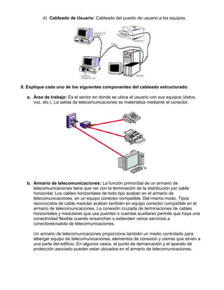 d) Cableado de Usuario: Cableado del puesto de usuario a los equipos.




8. Explique cada uno de los siguientes componentes del cableado estructurado:

  a. Área de trabajo: Es el sector en donde se ubica el usuario con sus equipos (datos,
     voz, etc.). La salida de telecomunicaciones se materializa mediante el conector.




  b. Armario de telecomunicaciones: La función primordial de un armario de
     telecomunicaciones tiene que ver con la terminación de la distribución por cable
     horizontal. Los cables horizontales de todo tipo acaban en el armario de
     telecomunicaciones, en un equipo conector compatible. Del mismo modo, Tipos
     reconocidos de cable medular acaban también en equipo conector compatible en el
     armario de telecomunicaciones. La conexión cruzada de terminaciones de cables
     horizontales y medulares que usa puentes o cuerdas auxiliares permite que haya una
     conectividad flexible cuando ensanchan o extienden varios servicios a
     conectores/salida de telecomunicaciones.

     Un armario de telecomunicaciones proporciona también un medio controlado para
     albergar equipo de telecomunicaciones, elementos de conexión y cierres que sirven a
     una parte del edificio. En algunos casos, el punto de demarcación y el aparato de
     protección asociado pueden estar ubicados en el armario de telecomunicaciones.
 
