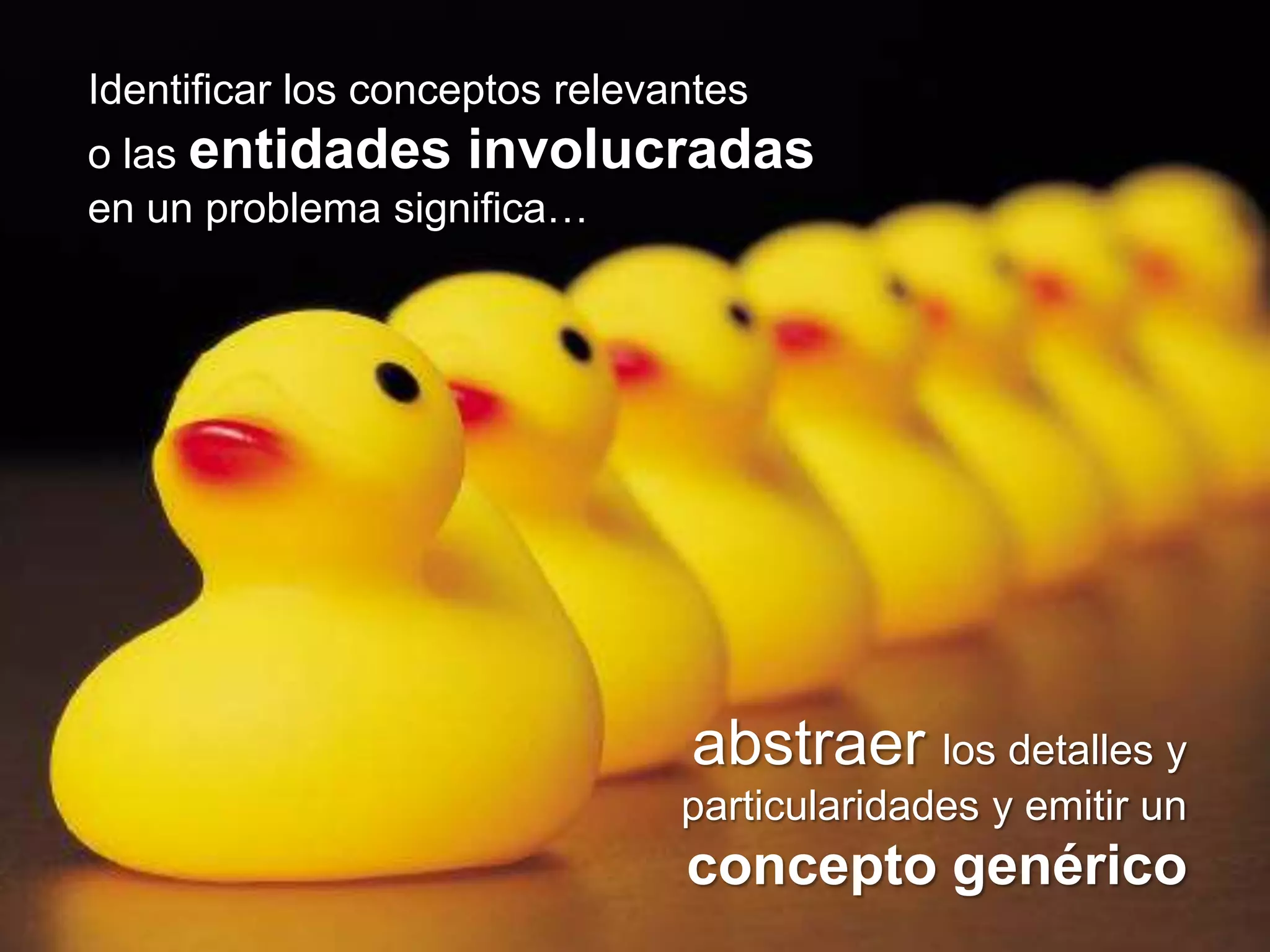 Identificar los conceptos relevantes o las entidades involucradas en un problema significa…El propósito de la programación orientada a objetosconsiste en proporcionar una solución informática identificando los conceptos relevantespresentes en el problemaconceptos relevantes  = entidadesabstraer los detalles y particularidades y emitir un concepto genérico