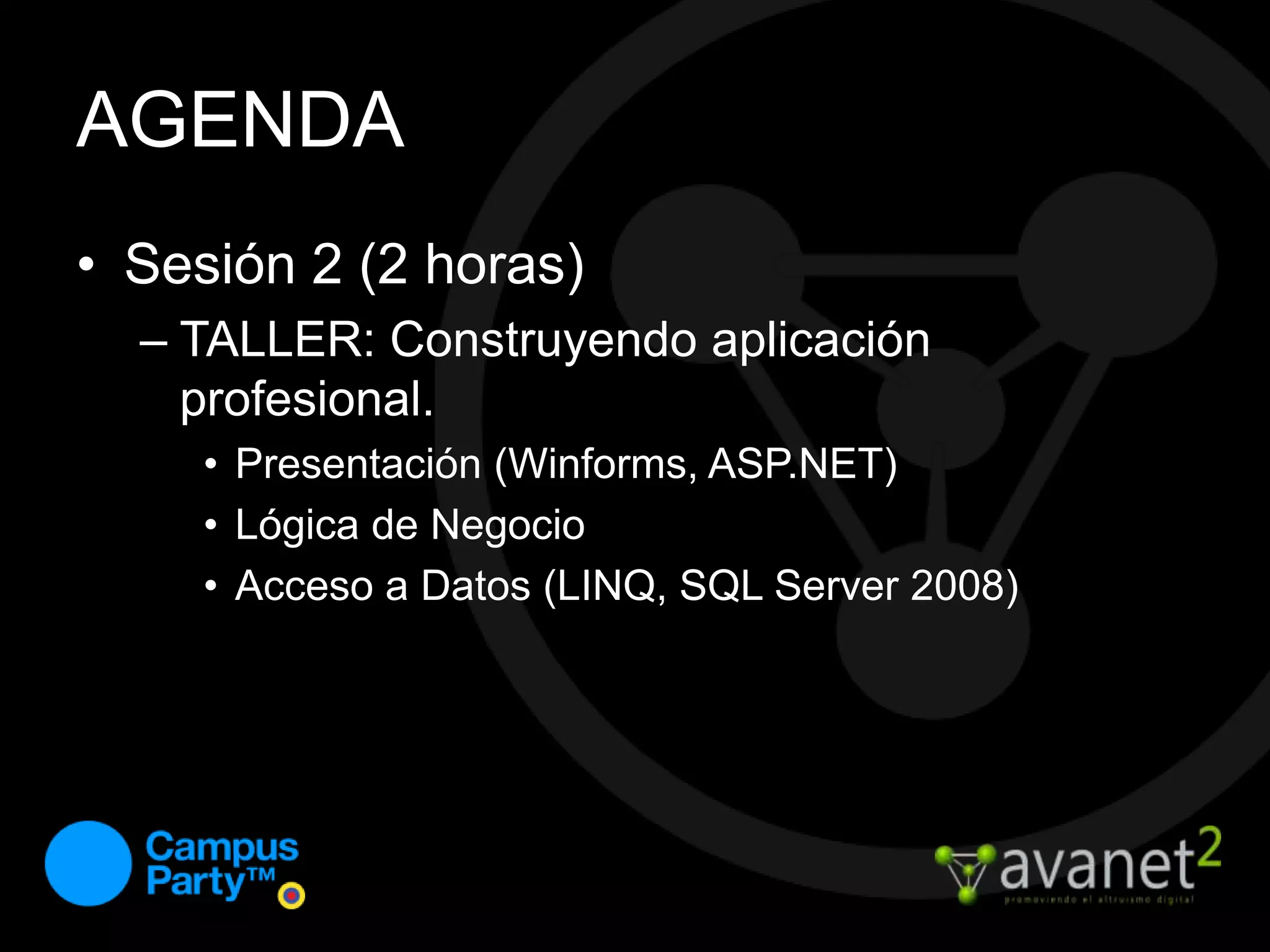 AGENDASesión 2 (2 horas)TALLER: Construyendo aplicación profesional.Presentación (Winforms, ASP.NET)Lógica de NegocioAcceso a Datos (LINQ, SQL Server 2008)