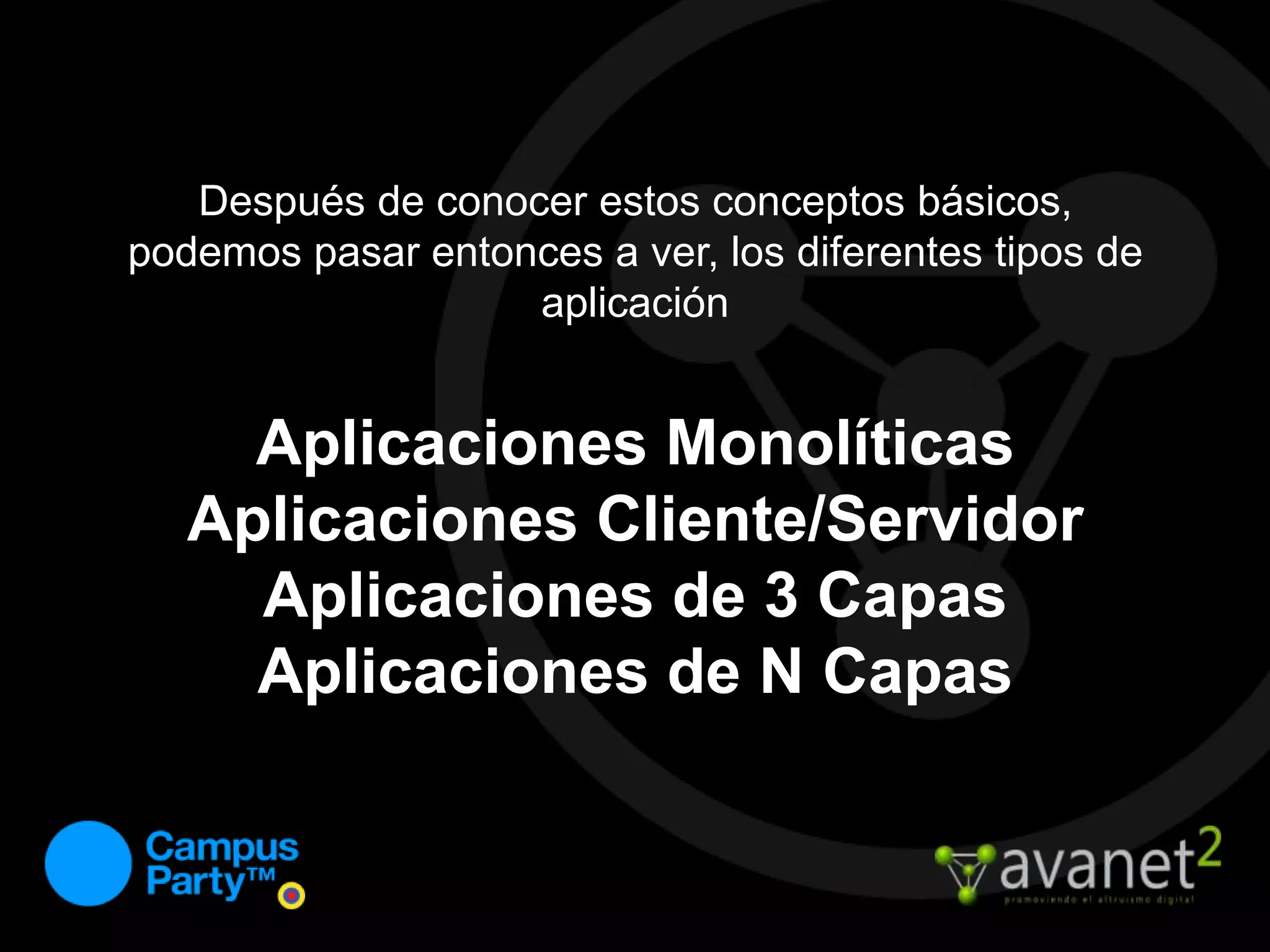 Después de conocer estos conceptos básicos, podemos pasar entonces a ver, los diferentes tipos de aplicaciónAplicaciones MonolíticasAplicaciones Cliente/ServidorAplicaciones de 3 CapasAplicaciones de N Capas