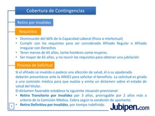 Cobertura de ContingenciasRetiro por InvalidezRequisitosDisminución del 66% de la Capacidad Laboral (física o intelectual)