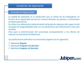 Ser mayor de 65 años, y no reunir los requisitos para obtener una jubilaciónProceso de SolicitudSi el afiliado se invalida o padece una afección de salud, él o su apoderadodeberán presentarse ante la ANSES para solicitar el beneficio. La solicitud es girada a una comisión médica para que evalúe y emita un dictamen sobre el estado de salud del titular.El dictamen favorable establece la siguiente situación previsional:Retiro Transitorio por Invalidez por 3 años, prorrogable por 2 años más a criterio de la Comisión Médica. Cobra según la condición de aportante.