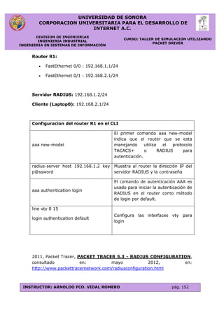 UNIVERSIDAD DE SONORA
CORPORACION UNIVERSITARIA PARA EL DESARROLLO DE
INTERNET A.C.
DIVISION DE INGENIERIAS
INGENIERIA INDUSTRIAL
INGENIERIA EN SISTEMAS DE INFORMACIÓN
CURSO: TALLER DE SIMULACION UTILIZANDO
PACKET DRIVER
INSTRUCTOR: ARNOLDO FCO. VIDAL ROMERO pág. 152
Router R1:
 FastEthernet 0/0 : 192.168.1.1/24
 FastEthernet 0/1 : 192.168.2.1/24
Servidor RADIUS: 192.168.1.2/24
Cliente (Laptop0): 192.168.2.1/24
Configuracion del router R1 en el CLI
aaa new-model
El primer comando aaa new-model
indica que el router que se esta
manejando utiliza el protocolo
TACACS+ o RADIUS para
autenticación.
radius-server host 192.168.1.2 key
p@ssword
Muestra al router la dirección IP del
servidor RADIUS y la contraseña
aaa authentication login
El comando de autenticación AAA es
usado para iniciar la autenticación de
RADIUS en el router como método
de login por default.
line vty 0 15
login authentication default
Configura las interfaces vty para
login
2011, Packet Tracer, PACKET TRACER 5.3 - RADIUS CONFIGURATION,
consultado en: mayo 2012, en:
http://www.packettracernetwork.com/radiusconfiguration.html
 