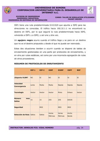 UNIVERSIDAD DE SONORA
CORPORACION UNIVERSITARIA PARA EL DESARROLLO DE
INTERNET A.C.
DIVISION DE INGENIERIAS
INGENIERIA INDUSTRIAL
INGENIERIA EN SISTEMAS DE INFORMACIÓN
CURSO: TALLER DE SIMULACION UTILIZANDO
PACKET DRIVER
INSTRUCTOR: ARNOLDO FCO. VIDAL ROMERO pág. 26
ISP1 tiene una ruta predeterminada 0.0.0.0/0 que apunta a ISP2 para las
direcciones no conocidas. El tráfico hacia 192.32.1.1 no encontrará su
destino en ISP1, por lo que seguirá la ruta predeterminada hacia ISP2,
volviendo a ISP1 y a ISP2, y así una y otra vez.
Un agujero negro ocurre cuando el tráfico llega y se para en un destino
que no es el destino propuesto y desde el que no puede ser reenviado.
Estas dos situaciones tienden a ocurrir cuando se dispone de tablas de
enrutamiento gestionadas en una parte por protocolos de enrutamiento, y
en otra por rutas estáticas, así como por una incorrecta agregación de rutas
de otros proveedores.
RESUMEN DE PROTOCOLOS DE ENRUTAMIENTO
RIP-1 RIP-2 IGRP EIGRP OSPF BGP
¿Soporta VLSM? NO SI NO SI SI SI
Velocidad
Convergencia
Lenta Media Media Rápida Rápida Rápida
Tecnología Vector Vector Vector Mixto Enlace Vector
Número max.
Saltos
15 15 255 255 65535
Seguridad MD5 MD5 MD5
Selección de Ruta Saltos Saltos
Varias
Métricas
Varias
Métricas
Ancho
Banda
 