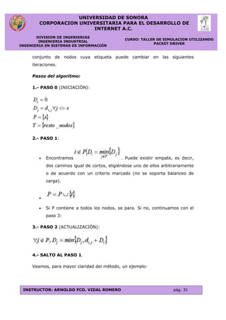 UNIVERSIDAD DE SONORA
CORPORACION UNIVERSITARIA PARA EL DESARROLLO DE
INTERNET A.C.
DIVISION DE INGENIERIAS
INGENIERIA INDUSTRIAL
INGENIERIA EN SISTEMAS DE INFORMACIÓN
CURSO: TALLER DE SIMULACION UTILIZANDO
PACKET DRIVER
INSTRUCTOR: ARNOLDO FCO. VIDAL ROMERO pág. 31
conjunto de nodos cuya etiqueta puede cambiar en las siguientes
iteraciones.
Pasos del algoritmo:
1.- PASO 0 (INICIACIÓN):
2.- PASO 1:
 Encontramos . Puede existir empate, es decir,
dos caminos igual de cortos, eligiéndose uno de ellos arbitrariamente
o de acuerdo con un criterio marcado (no se soporta balanceo de
carga).

 Si P contiene a todos los nodos, se para. Si no, continuamos con el
paso 3:
3.- PASO 2 (ACTUALIZACIÓN):
4.- SALTO AL PASO 1.
Veamos, para mayor claridad del método, un ejemplo:
 