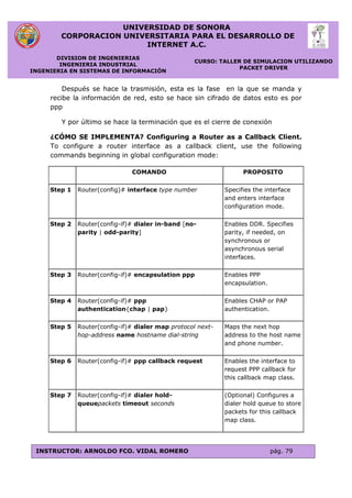 UNIVERSIDAD DE SONORA
CORPORACION UNIVERSITARIA PARA EL DESARROLLO DE
INTERNET A.C.
DIVISION DE INGENIERIAS
INGENIERIA INDUSTRIAL
INGENIERIA EN SISTEMAS DE INFORMACIÓN
CURSO: TALLER DE SIMULACION UTILIZANDO
PACKET DRIVER
INSTRUCTOR: ARNOLDO FCO. VIDAL ROMERO pág. 79
Después se hace la trasmisión, esta es la fase en la que se manda y
recibe la información de red, esto se hace sin cifrado de datos esto es por
ppp
Y por último se hace la terminación que es el cierre de conexión
¿CÓMO SE IMPLEMENTA? Configuring a Router as a Callback Client.
To configure a router interface as a callback client, use the following
commands beginning in global configuration mode:
COMANDO PROPOSITO
Step 1 Router(config)# interface type number Specifies the interface
and enters interface
configuration mode.
Step 2 Router(config-if)# dialer in-band [no-
parity | odd-parity]
Enables DDR. Specifies
parity, if needed, on
synchronous or
asynchronous serial
interfaces.
Step 3 Router(config-if)# encapsulation ppp Enables PPP
encapsulation.
Step 4 Router(config-if)# ppp
authentication{chap | pap}
Enables CHAP or PAP
authentication.
Step 5 Router(config-if)# dialer map protocol next-
hop-address name hostname dial-string
Maps the next hop
address to the host name
and phone number.
Step 6 Router(config-if)# ppp callback request Enables the interface to
request PPP callback for
this callback map class.
Step 7 Router(config-if)# dialer hold-
queuepackets timeout seconds
(Optional) Configures a
dialer hold queue to store
packets for this callback
map class.
 