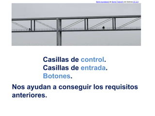 Casillas de control.
Casillas de entrada.
Botones.
Nos ayudan a conseguir los requisitos
anteriores.
Berlin-bundesrat de Borris Tylevich con licencia CC 2.0
 