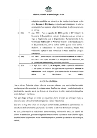 Servicio nacional de aprendizaje S.E.N.A



                        estratégica posibilita una cercanía a los puertos importantes ya los
                        otros Centros de Distribución regionales ya instalados en el país. La
                        construcción fue realizada utilizando tecnología de última generación
                        en entrega
     8. 2008        9. Ago. 2008 - Fue en agosto del 2008 cuando el DIF Estatal y la
                        Secretaría de Educación se pusieron de acuerdo para que entrara en
                        vigor el Reglamento para la Organización y Funcionamiento de los
                        Centros de Distribución de Alimentos Ubicados en Centros Escolares
                        de Educación Básica, con la cual se prohíbe que se venda comida "
                        chatarra". El subsecretario de Servicios Educativos, Héctor Vela
                        Valenzuela, explicó en este tiempo que se había elaborado una guía
                        nutrimental
     10. 2009       11. Dic. 2009 - Cemex millones con vencimiento en diciembre de 2009. EL
                        NEGOCIO DE CEMEX PRODUCTOS A través de sus subsidiarias, red
                        de centros de distribución y terminales marítimas...
     12. 2010       13. 24 Ago. 2010 - MÉXICO, 24 de agosto, 2010.- A partir de este viernes
                        27 de agosto, el iPhone 4 de Apple estará disponible en centros de
                        distribución Telcel, compañía que comercializaba el anterior iPhone
                        desde            su          lanzamiento            en          México.



                                      6. CEDI EN COLOMBIA

Hoy en día en Colombia existen miles de empresas, algunas muy reconocidas las cuales
cuentan con un alto porcentaje de ventas anuales. Su eficiencia, calidad y excelente atención al
cliente son los aspectos que la han llevado a la cima; a tener el éxito y reconocimiento que hoy
en día disfrutan y mantienen.

Pero para llegar al lugar en donde se encuentran ahora, tuvieron que arriesgar mucho y
esforzarse para sobresalir entre la competencia y atraer más clientes.

Esta tarea es muy difícil y más aun en un país como Colombia, donde se ve gran influencia por
las culturas Norte-americanas y europeas y así mismo un alto nivel de mercado extranjero.

Así pues, para mejorar la productividad de la empresa y hacerse más eficaz, se crearon los
centros de distribución, grandes bodegas de almacenamiento capaces de llevar un orden lógico
de cada uno de los productos de las diferentes empresas, evitando que estos se revuelvan y se
pierdan.
 