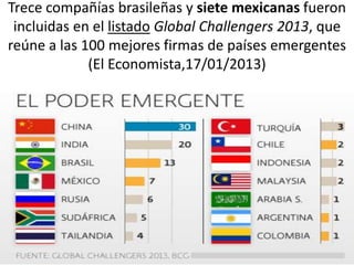 Trece compañías brasileñas y siete mexicanas fueron
incluidas en el listado Global Challengers 2013, que
reúne a las 100 mejores firmas de países emergentes
(El Economista,17/01/2013)
 