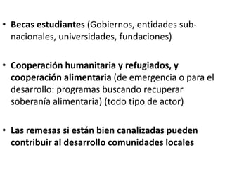 • Becas estudiantes (Gobiernos, entidades sub-
nacionales, universidades, fundaciones)
• Cooperación humanitaria y refugiados, y
cooperación alimentaria (de emergencia o para el
desarrollo: programas buscando recuperar
soberanía alimentaria) (todo tipo de actor)
• Las remesas si están bien canalizadas pueden
contribuir al desarrollo comunidades locales
 