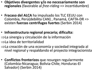 • Objetivos divergentes y/o no necesariamente son
regionales (favorable al free-riding => incertidumbre)
• Fracaso del ALCA ha impulsado los TLC EEUU con
Colombia, Perú(debilita CAN) , Panamá, CAFTA-DR =>
existen fuerzas centrifugas fuertes (Serbin 2014)
• Infraestructura regional precaria; dificulta:
La sinergia y circulación de la información
La idea de territorialidad
La creación de una economía y sociedad integrada al
nivel regional y respaldando el proyecto integracionista
• Conflictos fronterizos que resurgen regularmente
(Colombia-Nicaragua; Bolivia-Chile; Honduras-El
Salvador) (Serbin 2014)
 