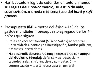• Han buscado y logrado extender en todo el mundo
sus reglas del libre-comercio, su estilo de vida,
cosmovisión, moneda e idioma (uso del hard y soft
power)
• Presupuesto I&D = motor del éxito = 1/3 de los
gastos mundiales = presupuesto agregado de los 4
países que siguen:
– Polos de competitividad (Sillicon Valley) concentran
universidades, centros de investigación, fondos públicos,
empresas innovadoras
– Ha desarrollado sectores muy innovadores con apoyo
del Gobierno (deuda): defensa + aeroespacial +
tecnología de la información y computación +
comunicación + … alta tecnología en general
 