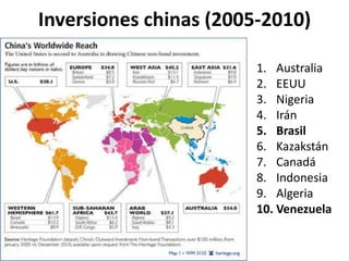 Inversiones chinas (2005-2010)
1. Australia
2. EEUU
3. Nigeria
4. Irán
5. Brasil
6. Kazakstán
7. Canadá
8. Indonesia
9. Algeria
10. Venezuela
 