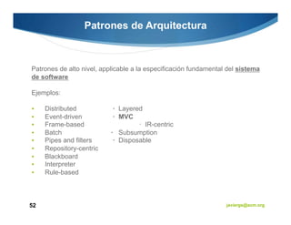 Patrones de Arquitectura



Patrones de alto nivel, applicable a la especificación fundamental del sistema
de software

Ejemplos:

     Distributed             Layered
     Event-driven            MVC
     Frame-based                     IR-centric
     Batch                   Subsumption
     Pipes and filters       Disposable
     Repository-centric
     Blackboard
     Interpreter
     Rule-based



52                                                                javiergs@acm.org
 