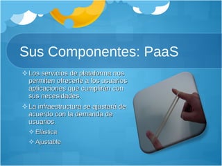Sus Componentes: PaaS Los servicios de plataforma nos permiten ofrecerle a los usuarios aplicaciones que cumplirán con sus necesidades.  La infraestructura se ajustará de acuerdo con la demanda de usuarios. Elástica Ajustable 