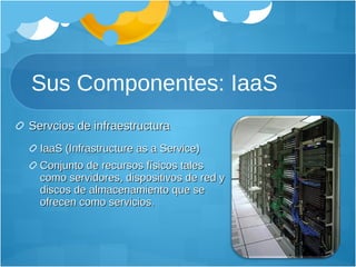 Sus Componentes: IaaS Servcios de infraestructura IaaS (Infrastructure as a Service)  Conjunto de recursos físicos tales como servidores, dispositivos de red y discos de almacenamiento que se ofrecen como servicios. 
