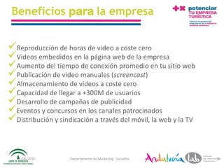 Beneficios para la empresa


Reproducción de horas de video a coste cero
Videos embedidos en la página web de la empresa
Aumento del tiempo de conexión promedio en tu sitio web
Publicación de video manuales (screencast)
Almacenamiento de videos a coste cero
Capacidad de llegar a +300M de usuarios
Desarrollo de campañas de publicidad
Eventos y concursos en los canales patrocinados
Distribución y sindicación a través del móvil, la web y la TV


   01/06/2010       Departamento de Marketing - Socialtec        76
 