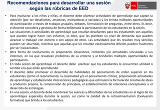 Recomendaciones para desarrollar una sesión
según las rúbricas de EED
• Para involucrar a los niños y niñas, el docente debe plantear actividades de aprendizaje que captan la
atención (por ser desafiantes, atractivas, motivadoras o variadas) y les brinda múltiples oportunidades
de participación a través de trabajos grupales, debates, formulación de preguntas, entre otros. Es decir,
el docente considera y gestiona de forma deliberada la participación de los estudiantes en la sesión.
• Las situaciones o actividades de aprendizaje que resultan desafiantes para los estudiantes son aquellas
que pueden lograr hacer con esfuerzo, es decir, que les plantean un nivel de demanda que pueden
alcanzar si trabajan con esmero o con apoyo de otros. Las actividades que les resultan muy sencillas
pueden ser aburridas, mientras que aquellas que les resultan excesivamente difíciles pueden frustrarlos
por ser inalcanzables.
• Otra forma de involucrarlos es proponerles situaciones, contextos y/o actividades vinculadas a sus
intereses, en las que resuelvan problemas de su entorno y al brindarles múltiples oportunidades de
participación.
• En toda sesión de aprendizaje el docente debe plantear que los estudiantes le encuentren utilidad o
sentido a lo que están aprendiendo.
• El docente debe promover el desarrollo de habilidades de pensamiento de orden superior en los
estudiantes (como el razonamiento, la creatividad y/o el pensamiento crítico), proponiendo actividades
de aprendizaje y estableciendo interacciones pedagógicas que estimulen la formulación creativa de ideas
o productos propios, la comprensión de principios, el establecimiento de relaciones conceptuales o el
desarrollo de estrategias.
• En una sesión, el docente debe monitorear los avances y dificultades de los estudiantes en el logro de los
aprendizajes esperados durante la sesión, así como la calidad de la retroalimentación (Evaluación
formativa) que brinda a los estudiantes.
 