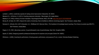 Lambert, L. (2003). Leadership capacity for lasting school improvement. Alexandria, VA: ASCD.
Marzano R. J., & Simms J. A. (2013). Coaching classroom instruction. Bloomington, IN: Lesley Bolton.
Maslow, A. H. (1943). A theory of human motivation. Psychological Review, 50(4), 370–396. https://doi.org/10.1037/h0054346
Murray, M., & Owen, M. (1991). Beyond the myths of mentoring: How to facilitate an effective mentoring program. San Fransisco: Jossey- Bass
Norwood, K., & Burke, M.A. (2011) Education. In L. Wildflower & D. Brennan (Eds.), The handbook of knowledge-based coaching: From theory to practice (pp.258-271).
San Fransisco: Jossey-Bass.
Rogers, C. R. (1961). Becoming a person. A psychotherapist’s view of psychotherapy. New York: Houghton Mifflin.
Sparks, D. (2002). Designing powerful professional development for teachers and principals (Oxford OH, NSDC).
Whitmore, J. (2009). Coaching for performance. Growing people, performance, and purpose (4th ed.). London: Nicholas Brealey Publishing.
 