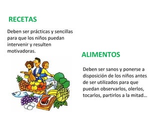 RECETAS
Deben ser prácticas y sencillas
para que los niños puedan
intervenir y resulten
motivadoras.

ALIMENTOS
Deben ser sanos y ponerse a
disposición de los niños antes
de ser utilizados para que
puedan observarlos, olerlos,
tocarlos, partirlos a la mitad…

 