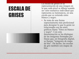 ESCALA DE
GRISES
La escala de grises es la
representación de una imagen en
la que cada pixel se dibuja usando
un valor numérico individual que
representa su luminancia, en una
escala que se extiende entre
blanco y negro.
• Se trata de una forma
supuestamente más profesional
para designar lo que la gente no
relacionada con las artes
gráficas llama "fotos en blanco
y negro". Con esta
denominación se las distingue
de las imágenes formadas por
líneas que, en fotografía digital,
se llaman "imágenes de mapa
de bits". De hecho, las escalas
de gris también son mapas de
bits.
 