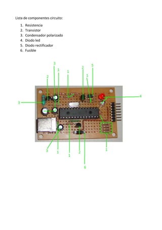 Lista de componentes circuito:
1. Resistencia
2. Transistor
3. Condensador polarizado
4. Diodo led
5. Diodo rectificador
6. Fusible
 