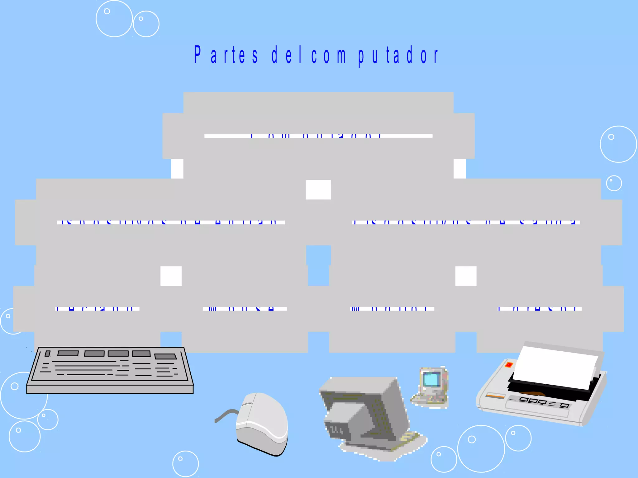 P a r t e s d e l c o m p u t a d o r
T e c la d o M o u s e
D is p o s it iv o s d e e n t r a d a
M o n it o r I m p r e s o r a
D is p o s it iv o s d e s a lid a
C o m p u t a d o r
 