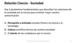Relación Ciencia - Sociedad
Hay 3 parámetros fundamentales que describen las relaciones de
la sociedad con la ciencia para...
