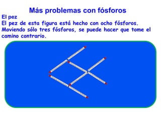 Más problemas con fósforosEl pezEl pez de esta figura está hecho con ocho fósforos. Moviendo sólo tres fósforos, se puede hacer que tome el camino contrario.