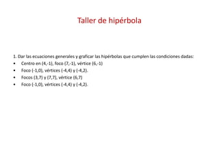 Taller de hipérbola
1. Dar las ecuaciones generales y graficar las hipérbolas que cumplen las condiciones dadas:
• Centro en (4,-1), foco (7,-1), vértice (6,-1)
• Foco (-1,0), vértices (-4,4) y (-4,2).
• Focos (3,7) y (7,7), vértice (6,7)
• Foco (-1,0), vértices (-4,4) y (-4,2).
 