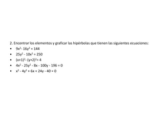 2. Encontrar los elementos y graficar las hipérbolas que tienen las siguientes ecuaciones:
• 9x2- 16y2 = 144
• 25y2 - 10x2 = 250
• (x+1)2- (y+2)2= 4
• 4x2 - 25y2 - 8x - 100y - 196 = 0
• x2 - 4y2 + 6x + 24y - 40 = 0
 